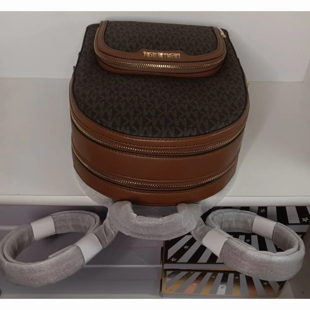 Michael Kors Brown Logo Dome Backpack with Tan Trim - Picture 10 of 14